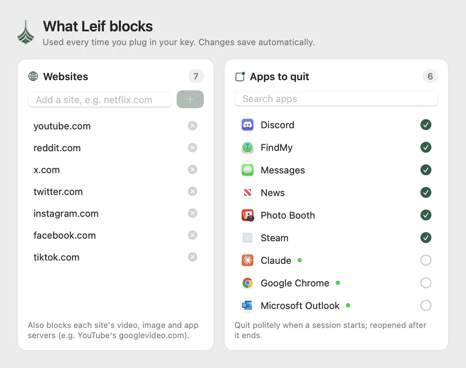 Leif's block list window: websites like youtube.com and reddit.com on the left, apps to quit like Discord and Messages on the right.