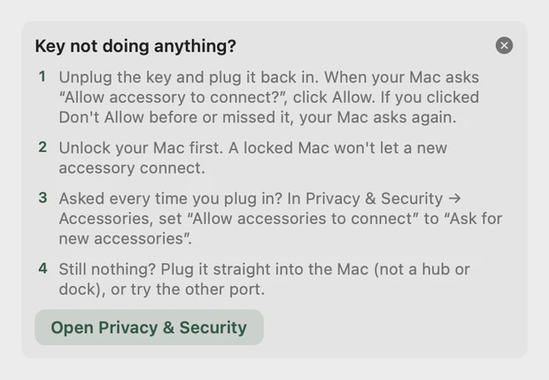 Leif's 'Key not doing anything?' help: four steps to get the key recognised.